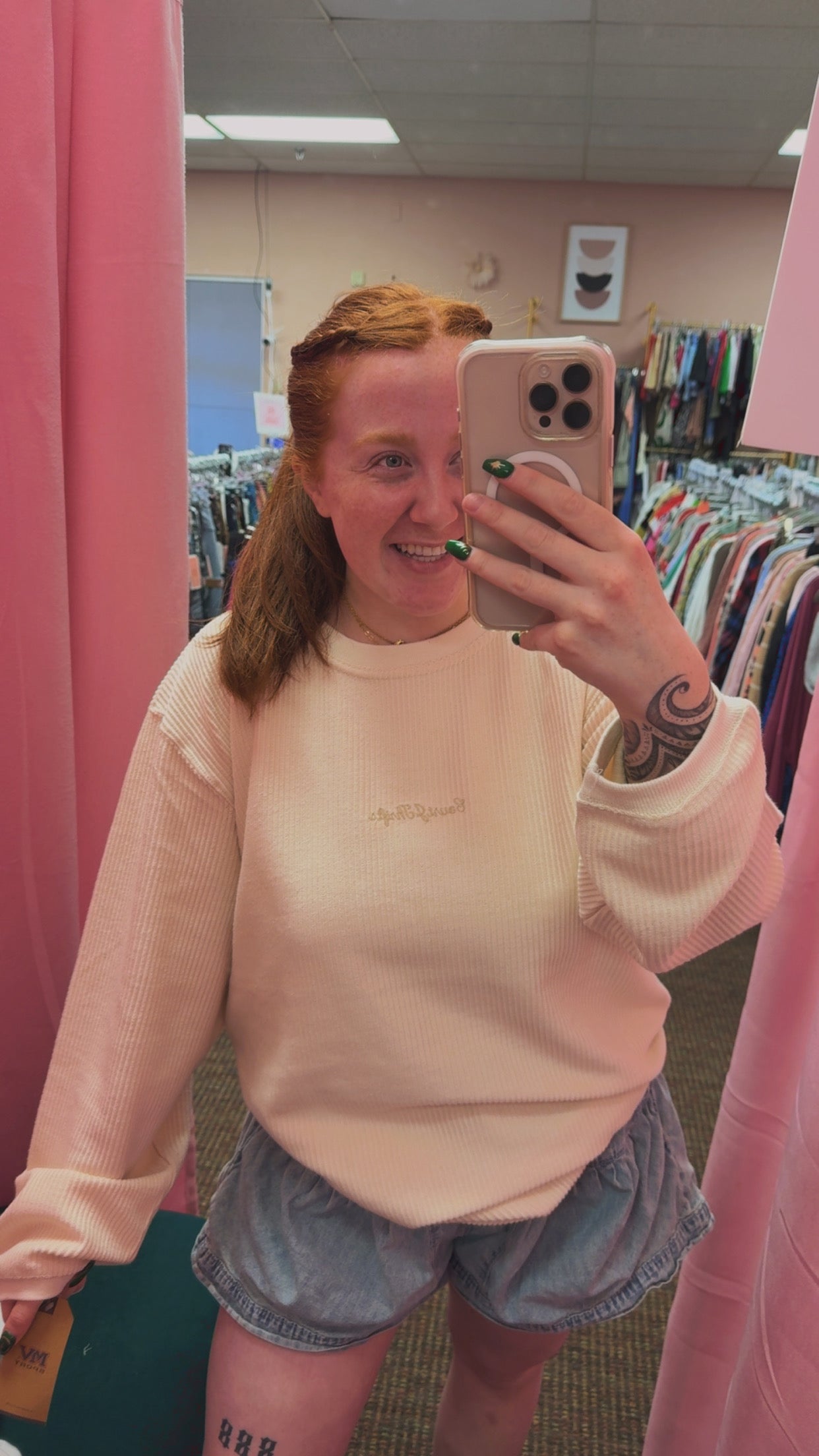 Corded CourtJThrifts Embroidered Crewneck- Cream