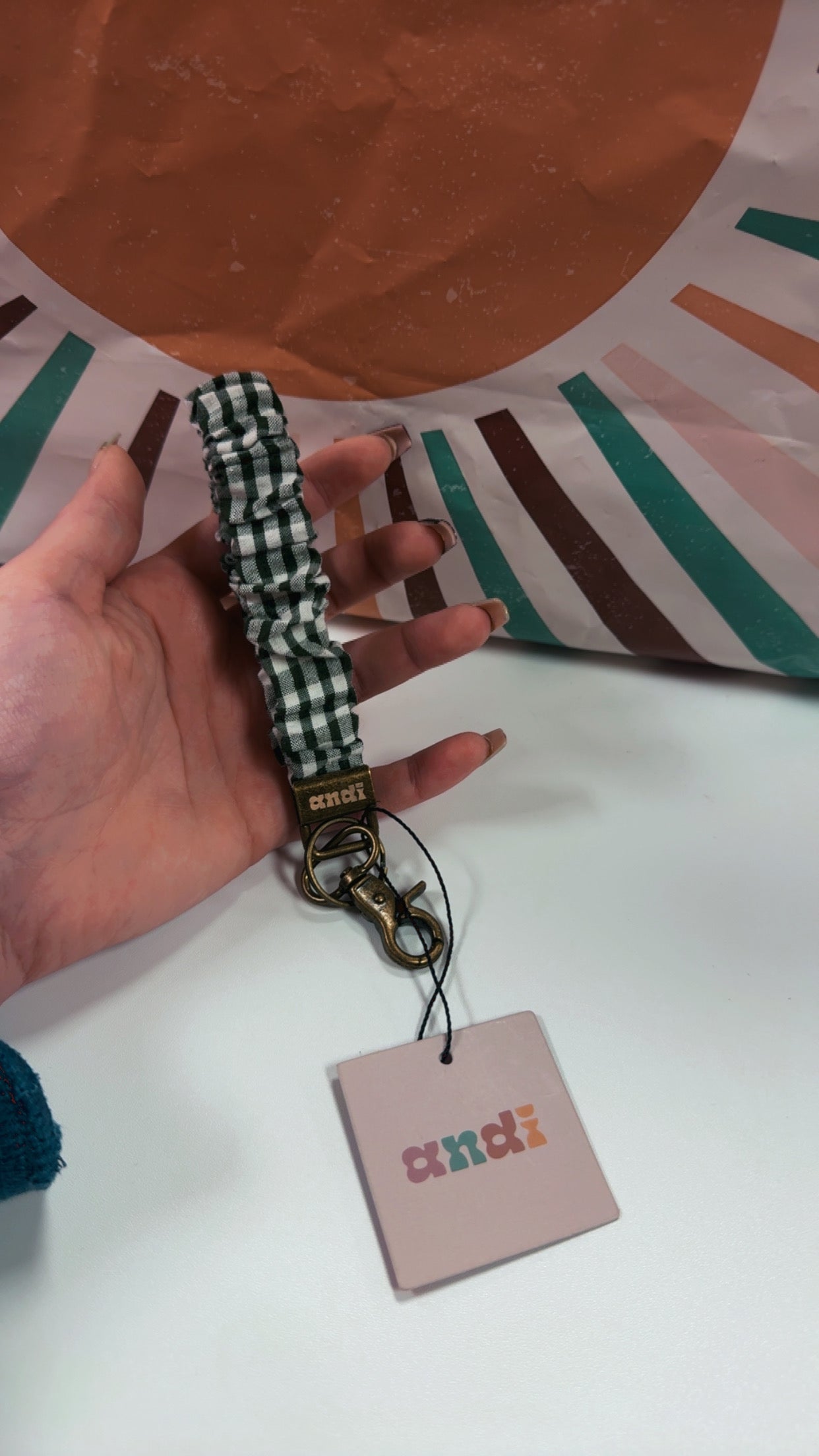 Shop Andi Wristlet Keychain- Green Gingham