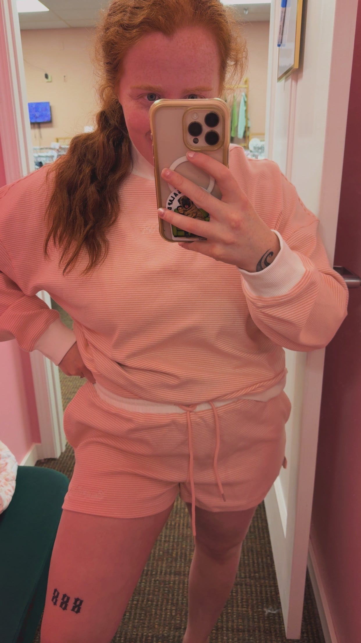 CourtJThrifts Le Lis Embroidered Peach Striped Sweat Shorts