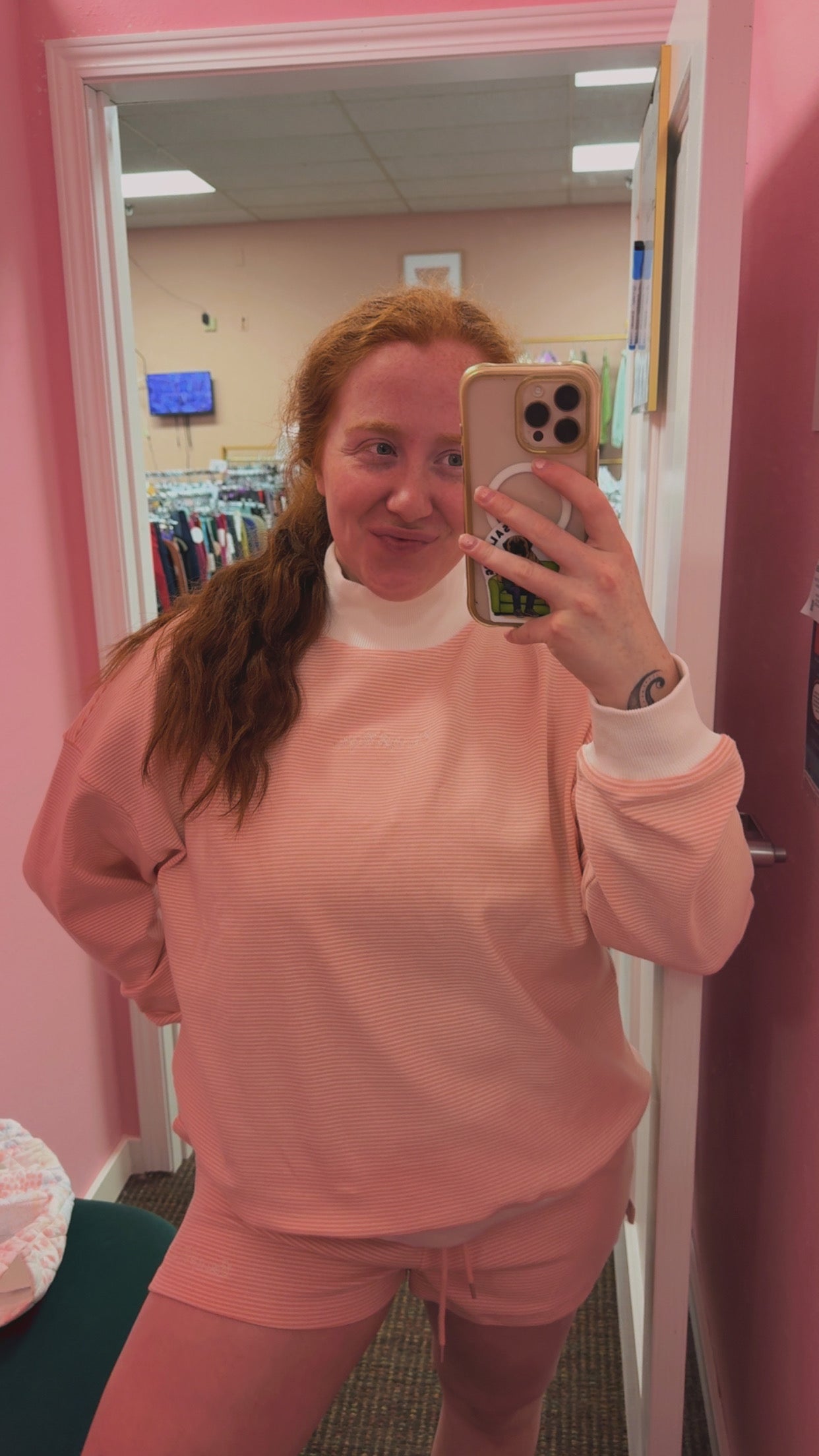 CourtJThrifts Peach Striped Embroidered Mockneck
