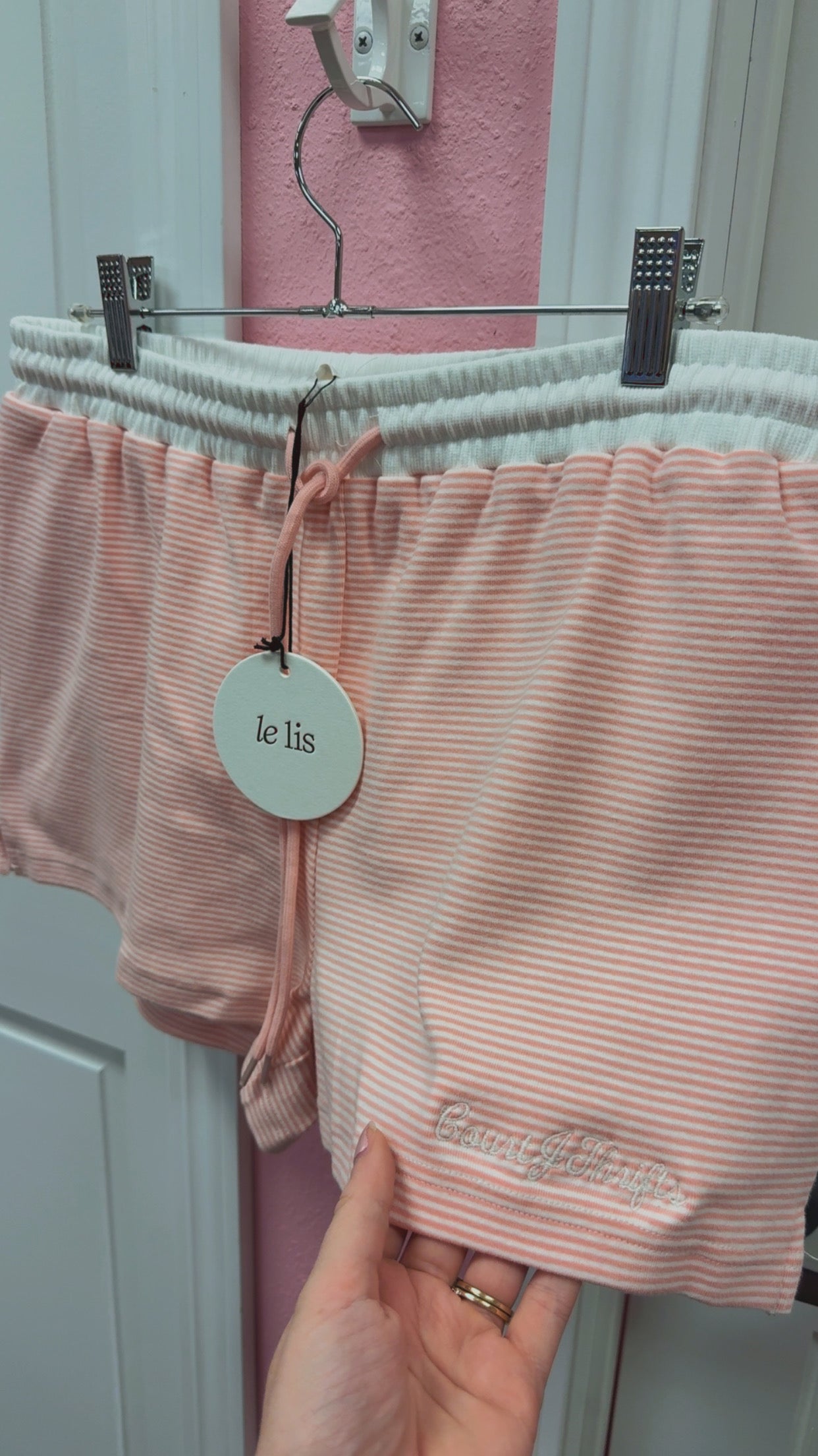 CourtJThrifts Le Lis Embroidered Peach Striped Sweat Shorts