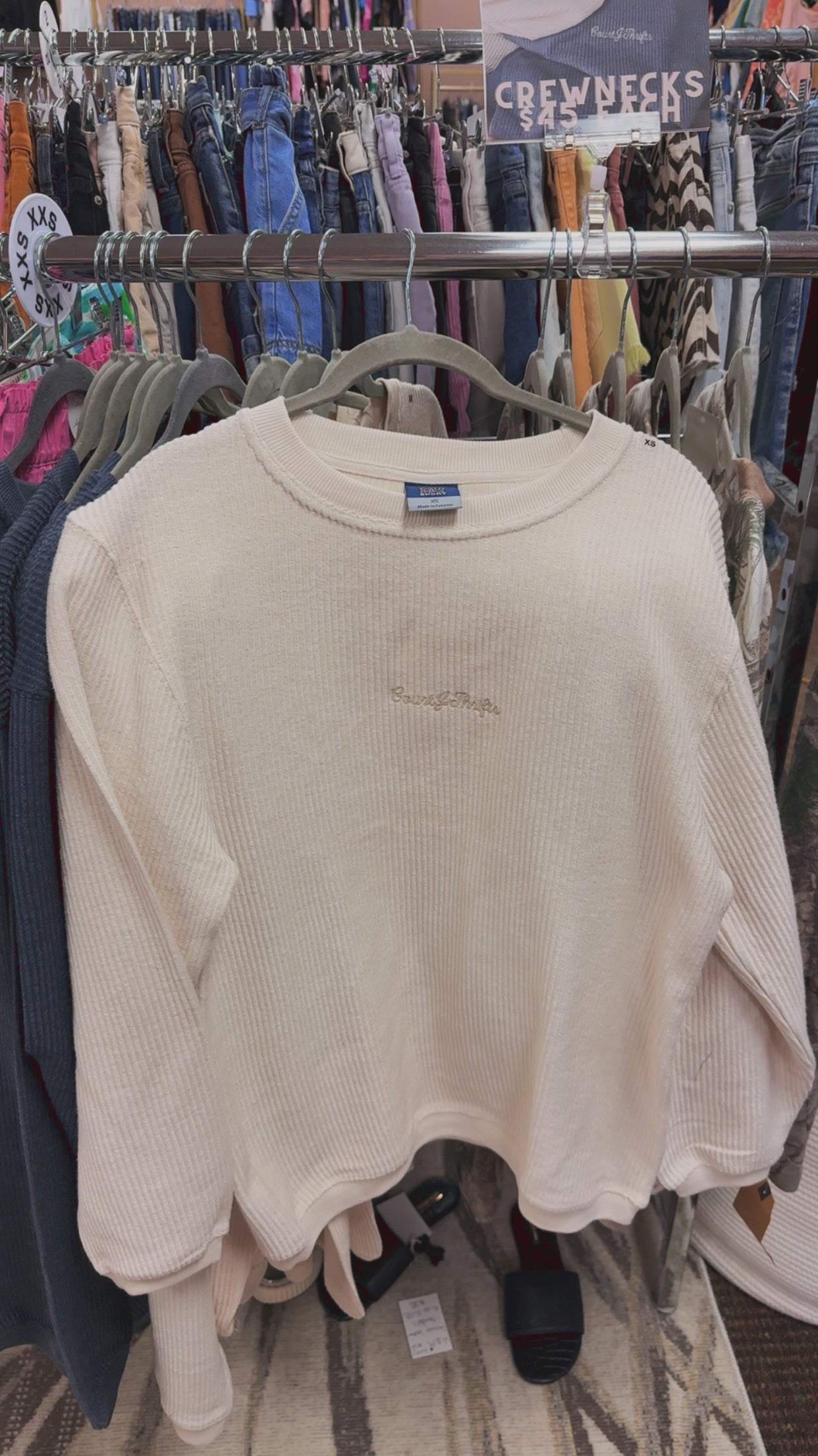 Corded CourtJThrifts Embroidered Crewneck- Cream