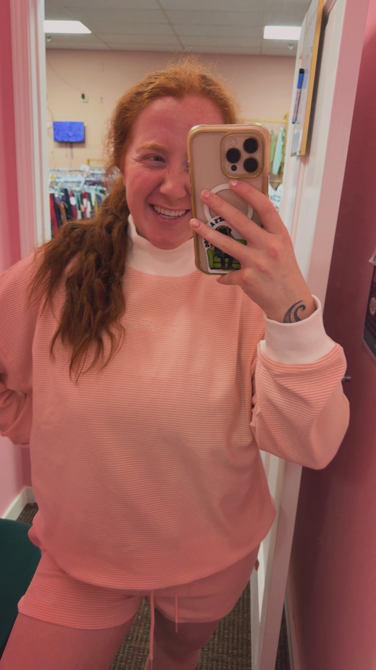 CourtJThrifts Peach Striped Embroidered Mockneck